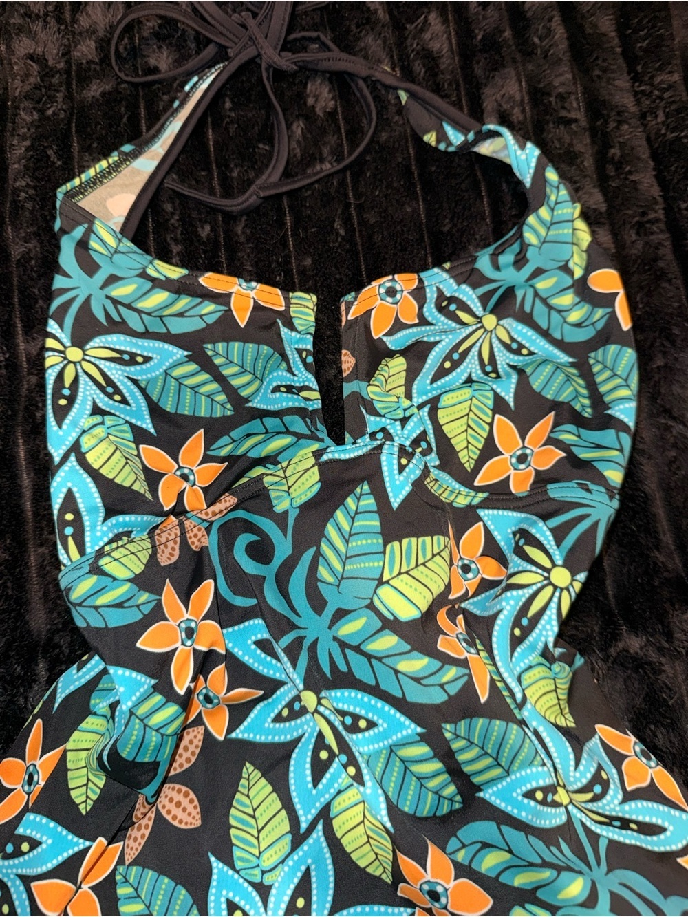 Floral Swimwear in Teal, Orange & Lime on Black - Picture 3 of 5